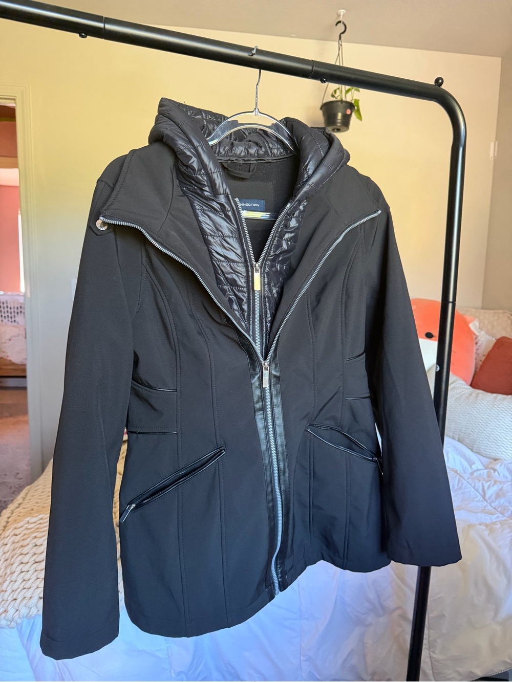 French Connection Black Hooded Hybrid Puffer Coat